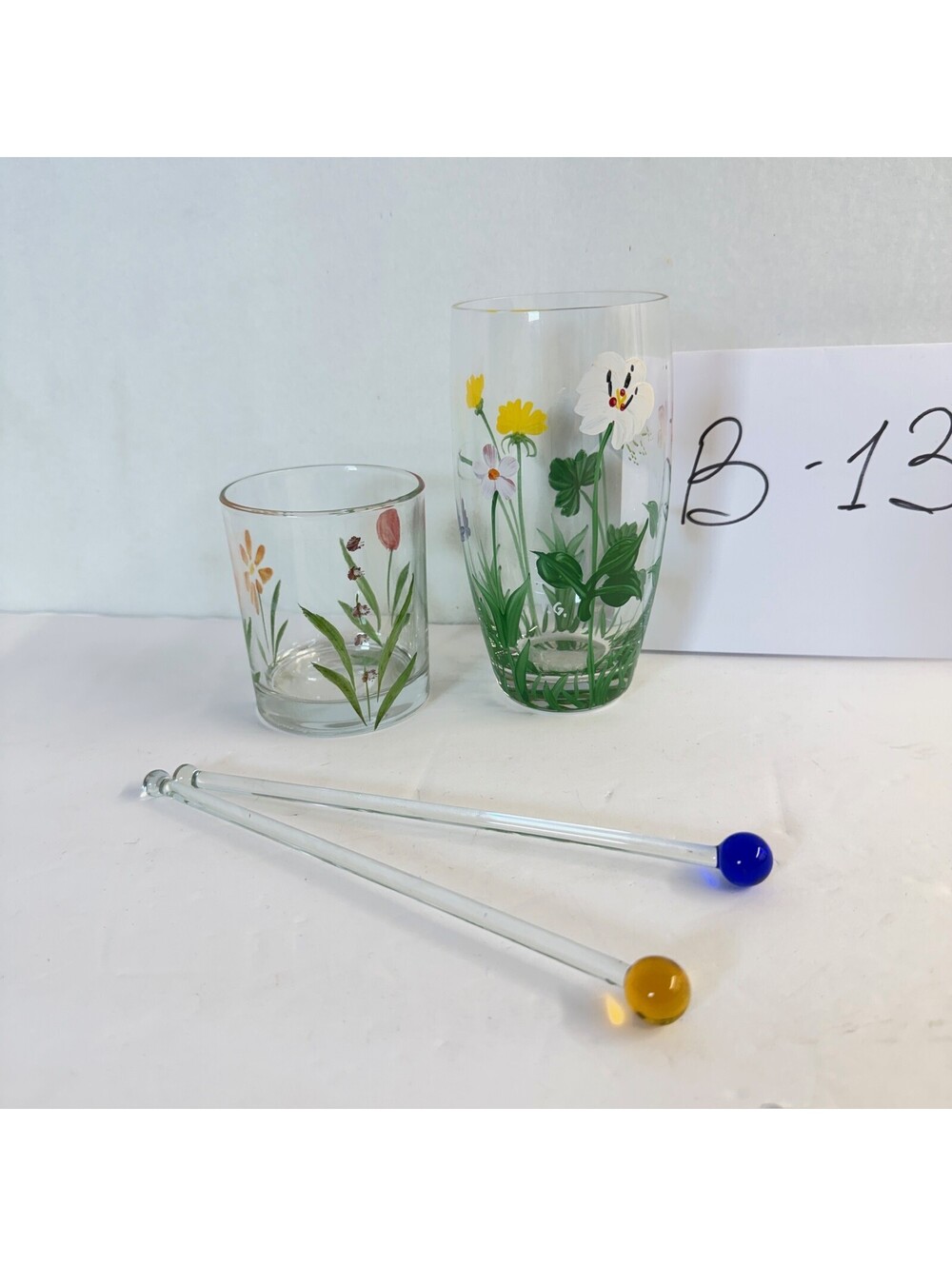 Hand-Painted Italian Floral Glassware Set Vase‎ Tumbler & Stirrers B-13